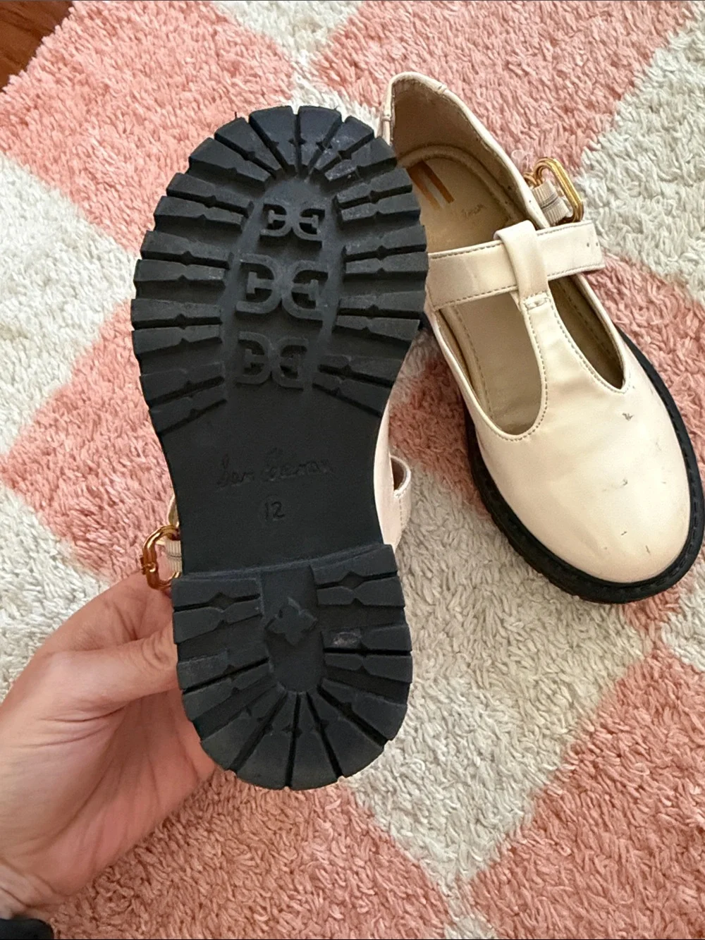 Sam Edelman Girls' Cream T-Strap Mary Jane Shoes with Black Sole